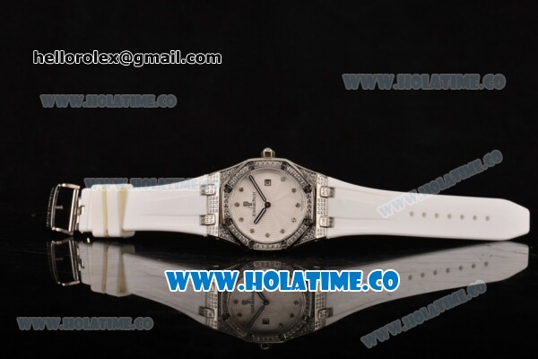 Audemars Piguet Royal Oak Lady Swiss Quartz Steel/Diamonds Case with White Rubber Strap and White Dial (EF) - Click Image to Close